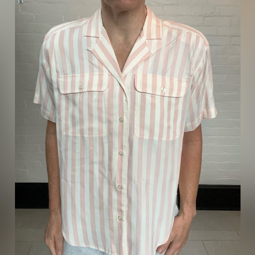 Liz wear vintage 80s 90s Striped Shirt- Oversized Small - high low Hem